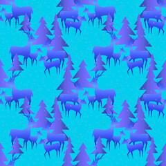 Fototapeta na wymiar Deers in a winter forest with snowing, seamless pattern.