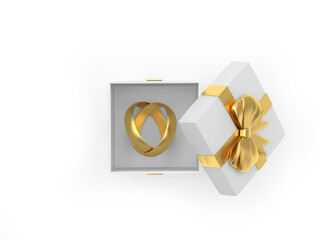 Gift box with gold wedding rings connected in the shape of a heart on white. 3d illustration