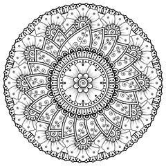 Circular pattern in the form of mandala with flower for henna, mehndi, tattoo, decoration. decorative ornament in ethnic oriental style. coloring book page.