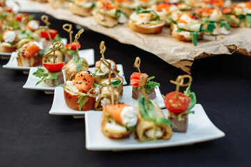 Festive Buffet. An assortment of cold cuts and canapes on wooden skewers. Cocktail reception at the party. catering with meats, fruits, cheeses and sandwiches.