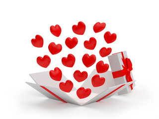 Many red hearts fly out of an open gift box isolated on white background. 3d illustration
