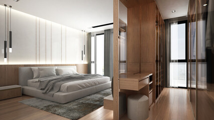 The modern cozy interior design of bedroom and closet area and wood wall texture background-3d...
