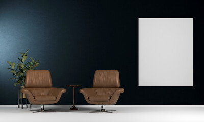 The cozy interior design of living room and blue wall texture background and picture frame-3d rendering