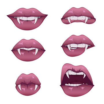 Vampire mouth with fangs set. Female closed and open red lips with long pointed canine teeth and bloody deip saliva. Vector illustration EPS10