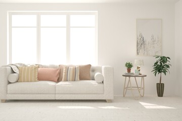 White living room with sofa. Scandinavian interior design. 3D illustration