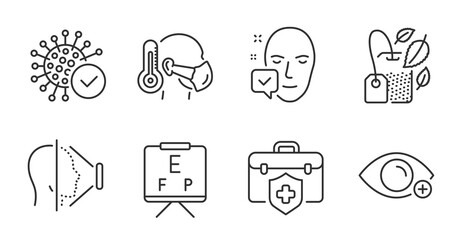 Farsightedness, Sick man and Coronavirus line icons set. Medical insurance, Face accepted and Vision board signs. Face id, Mint bag symbols. Quality line icons. Farsightedness badge. Vector