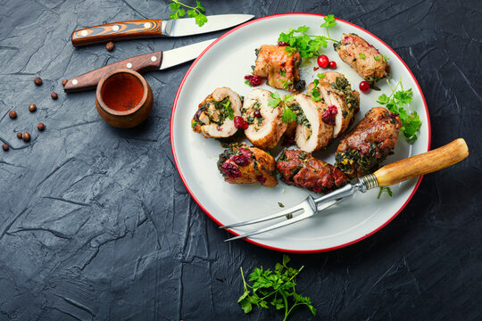 Stuffed Meat Rolls On A Plate.