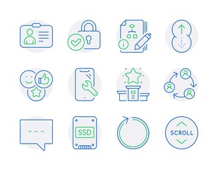 Technology icons set. Included icon as Teamwork, Loop, Swipe up signs. Like, Ssd, Blog symbols. Smartphone repair, Algorithm, Winner podium. Id card, Verified locker, Scroll down. Vector