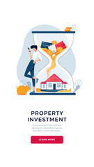 Property investment concept. Investor awaits a generating passive income from long-term investing. Make money in property, cash flow for banner, web, emailing. Flat design cartoon vector illustration