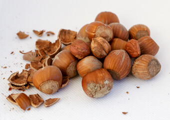 Hazelnuts, some of them shelled, on a white background.