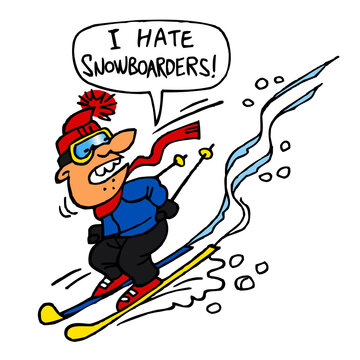 Angry skier hates snowboarders, winter sport joke, color cartoon