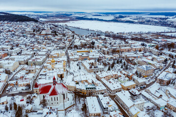 Aerial Winter Berezhany city Ukraine 