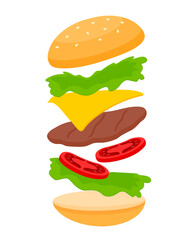 Big hamburger . Assemble burger ingredients . Making menu. Vector illustration.