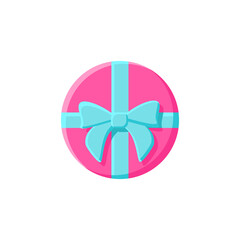 Obraz premium Round present flat icon. Gift box with bow ribbon, top view. Holiday congratulation, surprise concept. Holiday offer. Christmas, new year, birthday. Color vector illustration