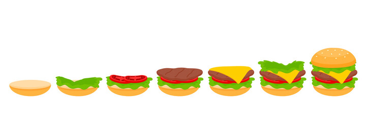 stages of cooking burger process . Making fast food vector illustration.