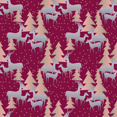 Deers in a winter forest with snowing, seamless pattern.