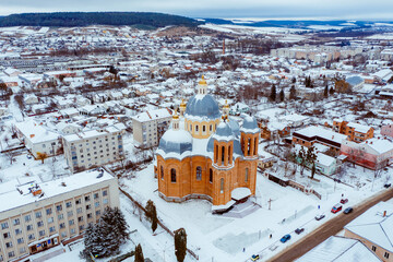 Aerial Winter Berezhany city Ukraine 