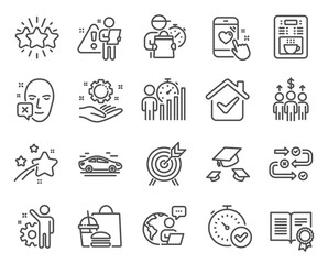 Fototapeta na wymiar Business icons set. Included icon as Coffee maker, Heart rating, Car signs. Throw hats, Employee hand, Fast verification symbols. Face declined, Meeting, Archery. Diploma, Employee, Star. Vector