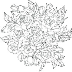 Realistic rose flower bouquet sketch template. Vector illustration in black and white for games, background, pattern, decor. Coloring paper, page, story book. Print for fabrics and other surfaces.