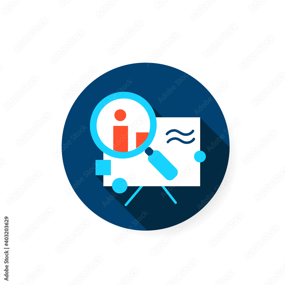 Poster research flat icon. magnifier over data sign. concept of project design, product analytics and techn