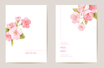 Wedding invitation cherry sakura blossom, flowers, leaves card. Realistic minimal template vector