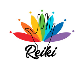 Healing Reiki energi. Logotype. Spiritual practice. The colors of the chakras in the healing hand. Vector.