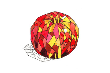 Watercolor polygonal apple. Orange and red hand drawn fruit for children poster or postcard. Raster stock illustration of plant isolated on white background.