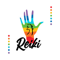 Healing Reiki energi. Reiki symbol. Logotype spiritual practice. The colors of the chakras in the healing hand. Vector.
