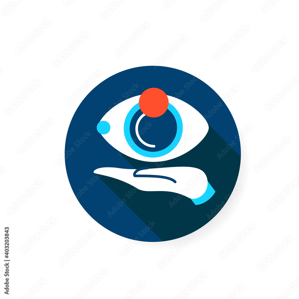 Poster idea review flat icon. eye on palm sign. concept of creative project showing and product solution pr