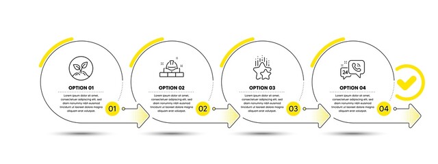 Ranking stars, Construction bricks and Startup line icons set. Timeline process infograph. 24h service sign. Winner award, Builder, Launch project. Call support. Business set. Vector