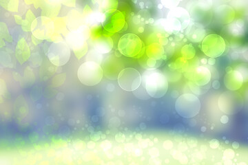 Hello spring background. Abstract bright spring or summer landscape texture with natural blue bokeh lights, yellow sun, flowers and leaves. Spring or summer backdrop with copy space.