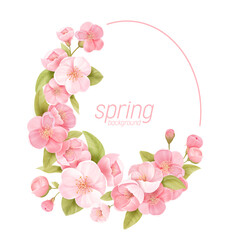 Floral wreath with realistic cherry flowers, exotic sakura blossom. Vector spring banner template illustration © wooster