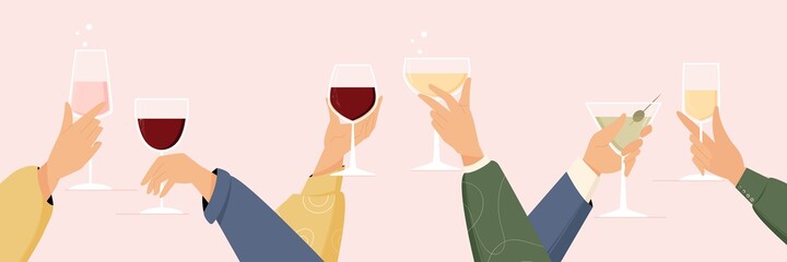 Banner and card design with toasting hands with sparkling, red, white wine, prosecco, champagne, martini. Vector illustration