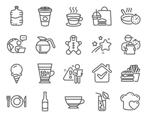 Food and drink icons set. Included icon as Frying pan, Takeaway coffee, Food signs. Water glass, Coffee cup, Ice cream symbols. Beer, Cooler bottle, Frappe. Love cooking, Coffeepot, Burger. Vector