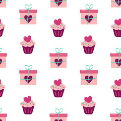 Valentine's day seamless pattern with gift, cake and hearts. Vector flat illustration with festive decorations for wrapping paper, background, web, clothing. Bright pink set of holiday elements