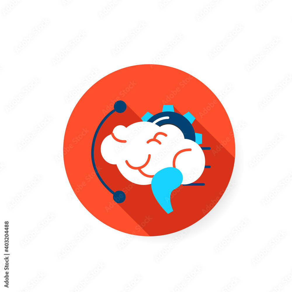 Poster brainstorming flat icon. effective brain with gear sign. creative art idea production and thinking p