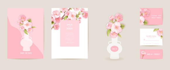 Wedding invitation cherry vector card. Vintage sakura botanical Save the Date set. Design template of flowers