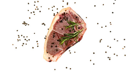 Steak with rosemary and pepper on a white background.
