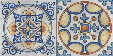Azulejos tile. Portuguese and oriental tile in shades of blue colors pattern. Arabesque and Rococo ornament. 