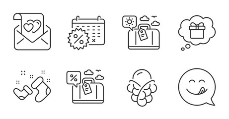 Ice cream, Travel luggage and Yummy smile line icons set. Travel loan, Gift dream and Calendar discounts signs. Love letter, Santa boots symbols. Bubble waffle, Trip bag, Emoticon. Vector
