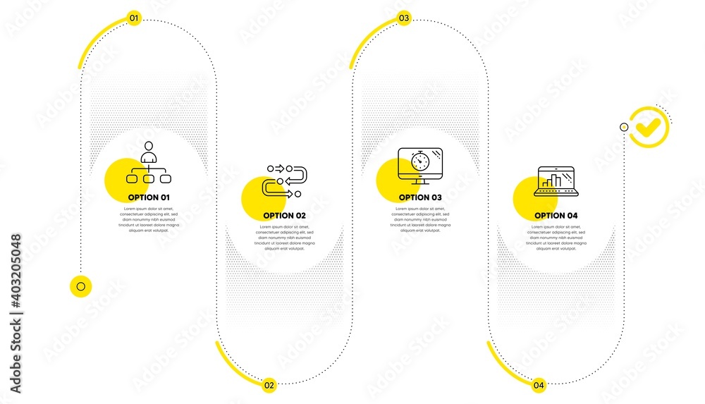 Poster management, methodology and seo timer line icons set. timeline process infograph. graph laptop sign.