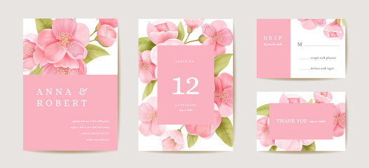 Wedding cherry invitation card, vintage sakura botanical Save the Date set. Design template of flowers and leaves