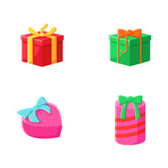 Presents flat icons set. Different shapes gift boxes collection. Holiday congratulation, surprise concept. Christmas, new year, birthday celebration. Color vector illustrations