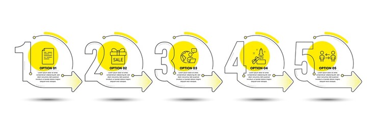 Teamwork business, Sale offer and Innovation line icons set. Timeline process infograph. Document sign. Collaboration, Gift box, Crowdfunding. Page file. Business set. Vector