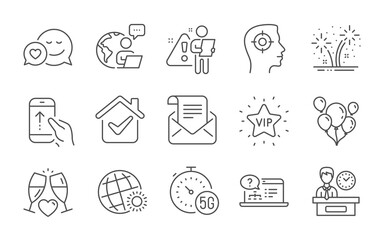 Swipe up, Presentation time and World weather line icons set. Online help, Fireworks and Wedding glasses signs. 5g internet, Vip star and Mail newsletter symbols. Line icons set. Vector