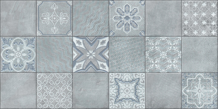 Digital colorful wall tile design. Retro pattern and cement texture repeating background, kitchen tile design
