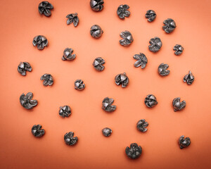 Dry leaves painted silver on a pink background.