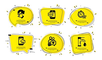 Incoming call, Rotation gesture and Dating chat icons simple set. Yellow speech bubbles with dotwork effect. Quick tips, Phone password and Tap water signs. Phone support, Undo, People love. Vector