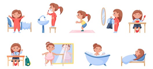 Happy child daily routine health and hygiene activity set. Cute girl wake up, brush teeth, do morning exercise, dress, eat, study, dance, take bath, sleep in bed vector illustration isolated on white