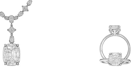 Pencil drawing of a necklace and a ring with precious stones on a white background. Isolated sketch. The background for wedding advertising, invitations.